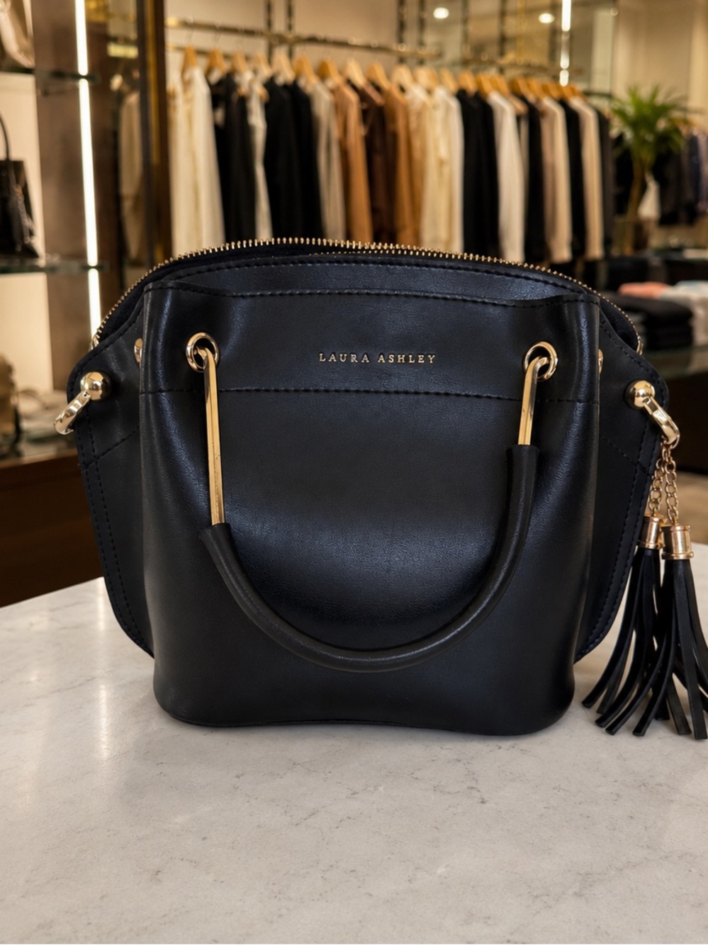 Laura Ashley Black Satchel with Gold Hardware and Tassel